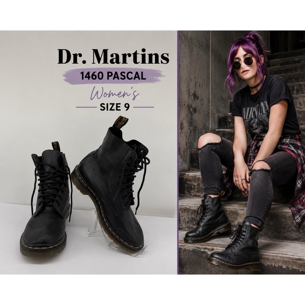 Dr. Martens 1460 Pascal Black Leather Combat Boots Womens US 9 New Laces Gothic